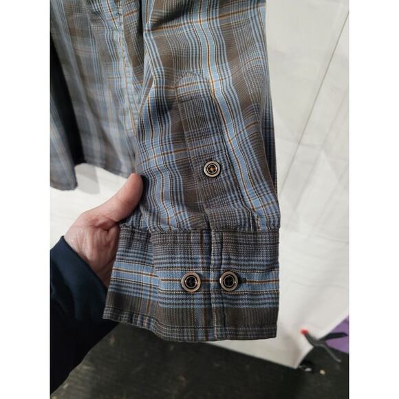 Prana Mens SZ XX Large Button Up Shirt FLAWED Plaid Brown Blue Long Sleeve - Picture 6 of 12